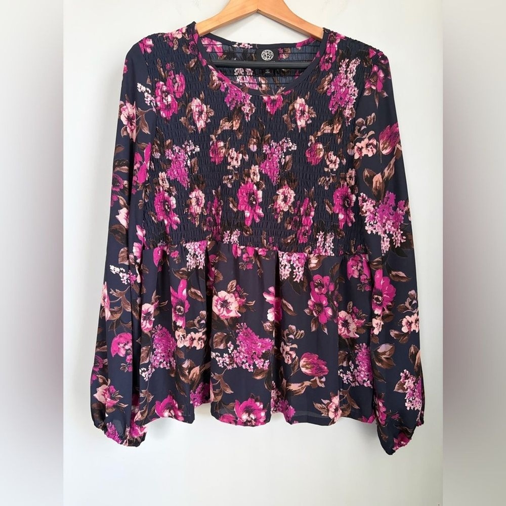 Bobeau Floral Smocked Peplum Blouse Navy Pink Long Sleeve Top Women's Large